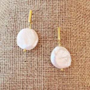 Coin Pearl Earrings with 18k Gold Filled Bar Studs Dressy Jewelry for Mom Gift